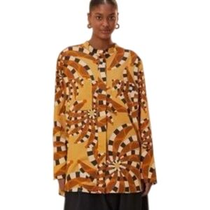 Farm Rio Bananada Maci Button Front Shirt Size XL Brown & Gold